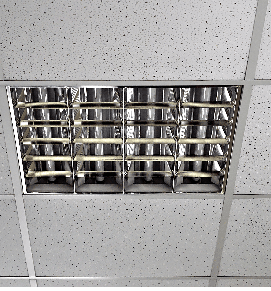 Fluorescent light fixture on tiled ceiling.